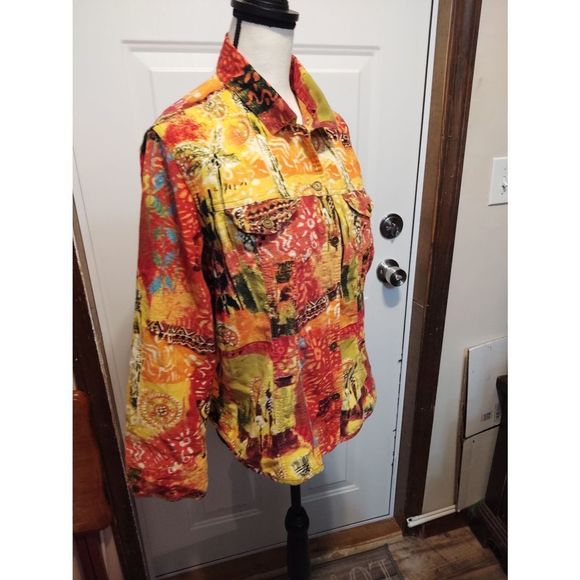 Chicos Button Front Shirt Orange & Yellow Great‎ With Denim - Picture 4 of 6